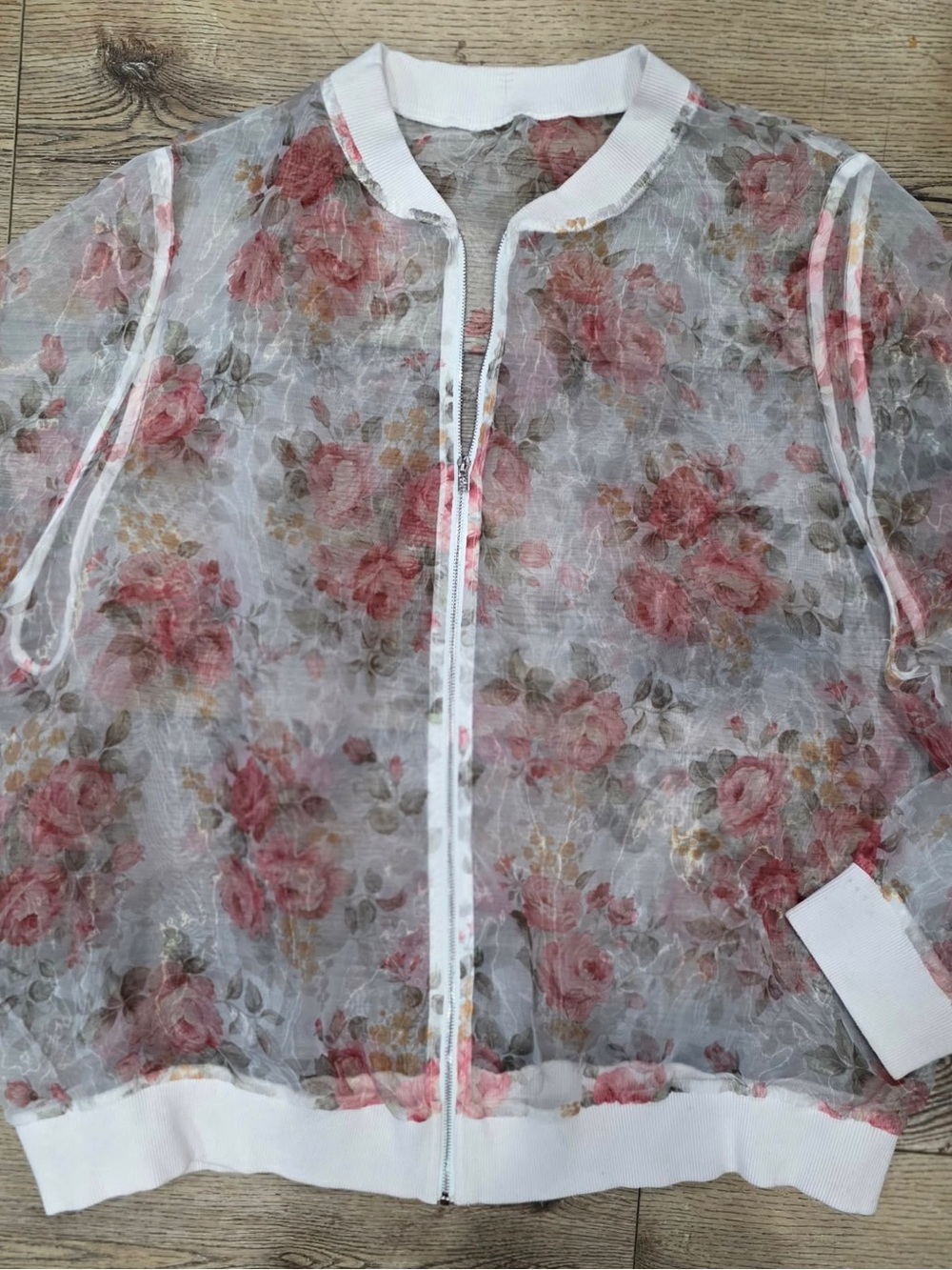 SHEIN White Sheer Floral Bomber Jacket with Pink Roses